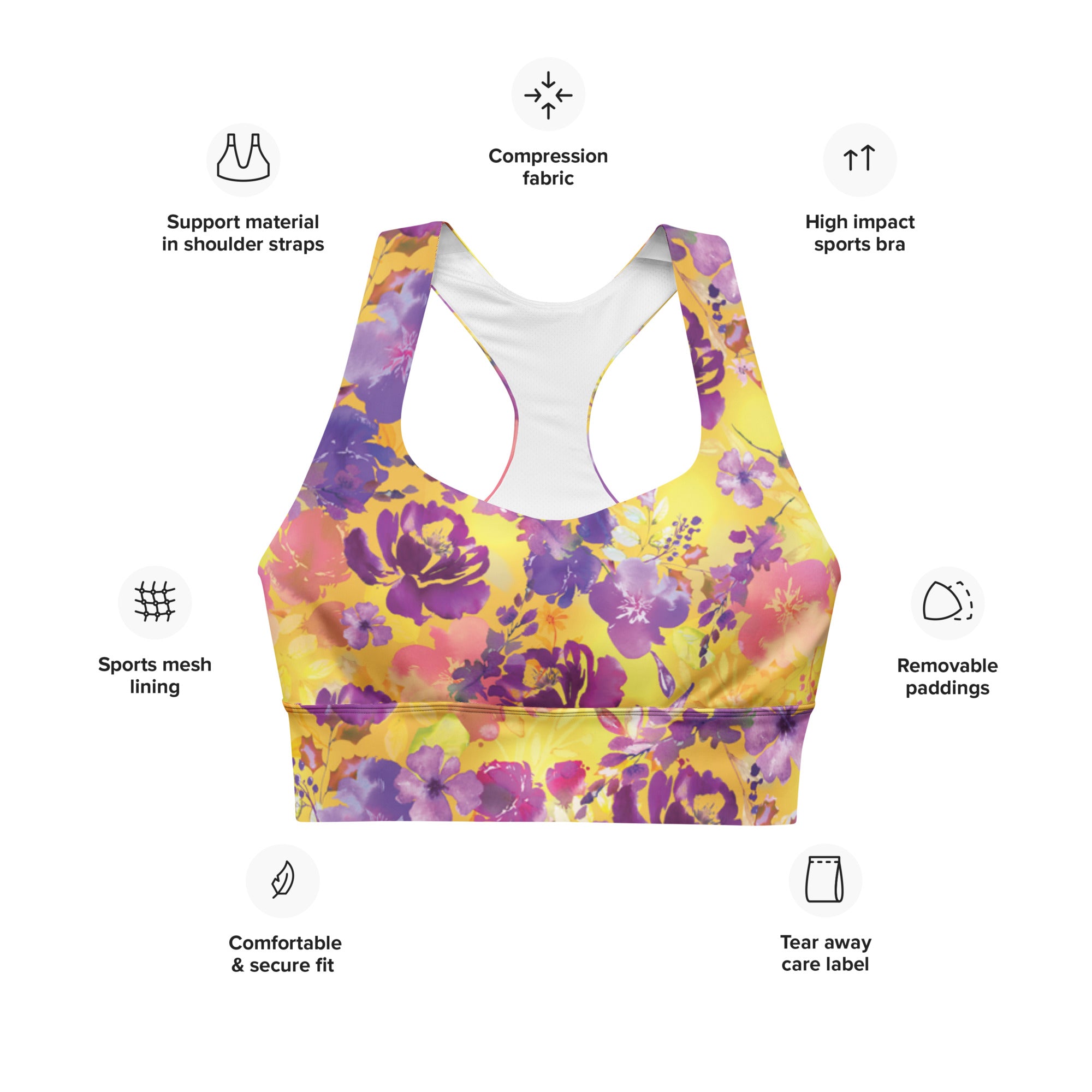 Yellow Chinoiserie Print Longline Sports Bra